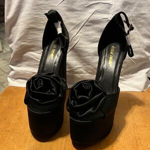 Fantastic find !  Sky high black satin ankle strap peep toe n rose. Sz 9. Never